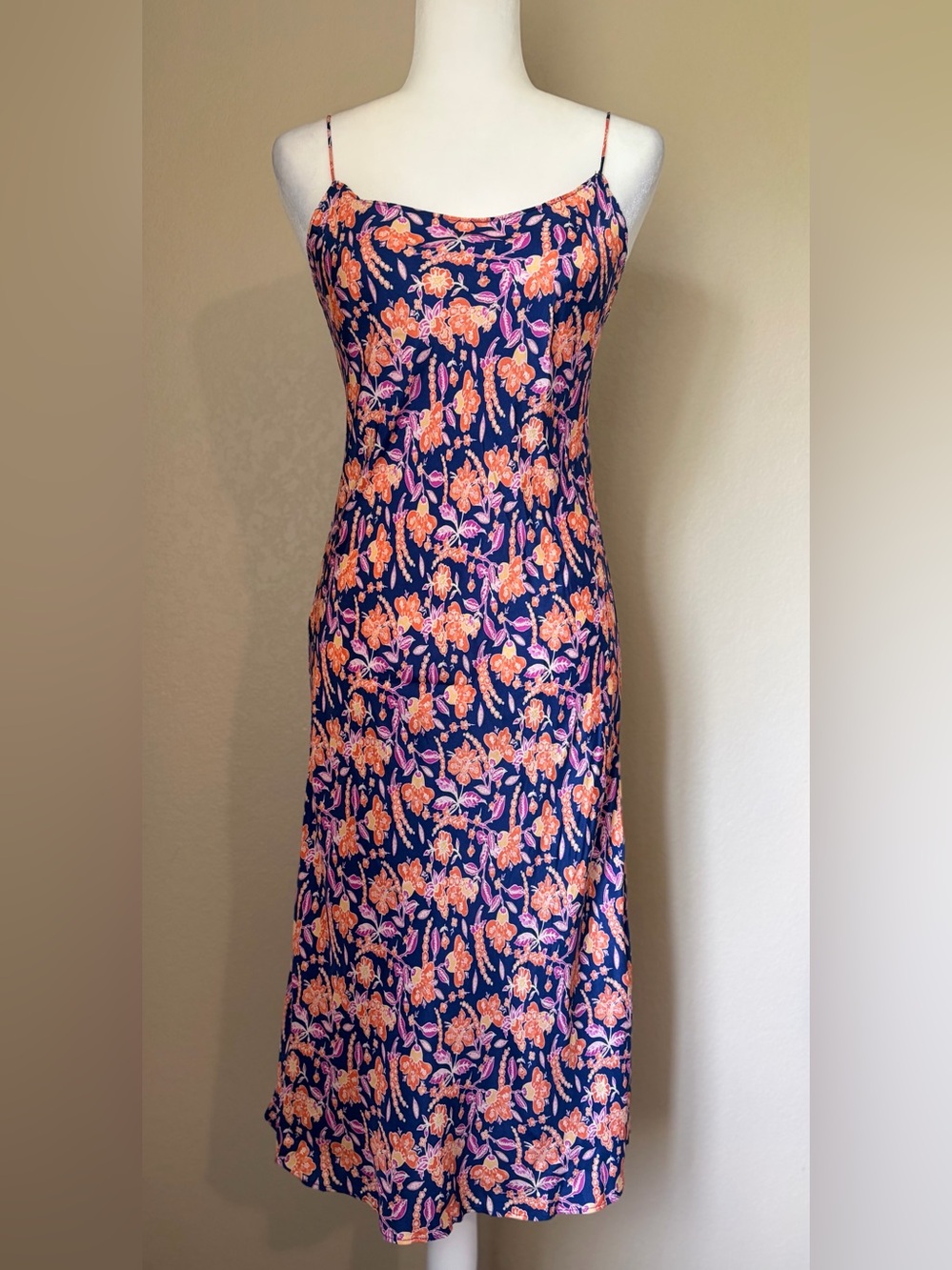 J.Crew Floral Cupro Slip Midi Dress Navy Orange Pink Petite 4